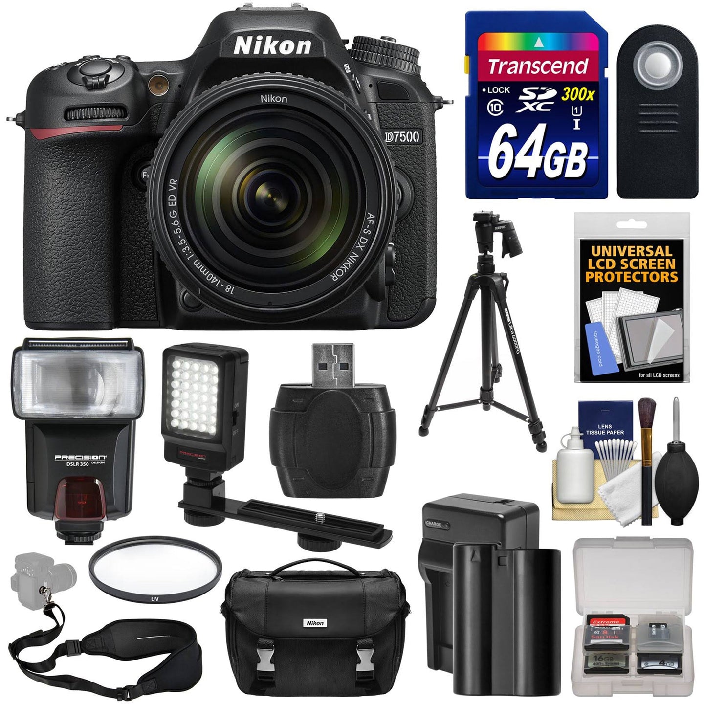 Nikon D7500 4K Digital SLR Camera &amp; 18-140mm VR Lens with 64GB Card, Battery &amp; Charger, Case, Tripod, Flash, LED Video Light Kit