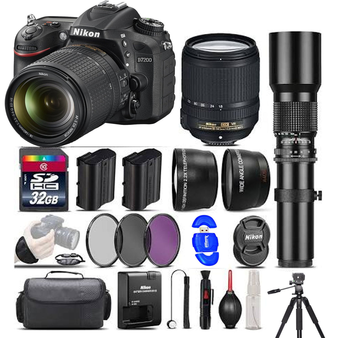 Nikon D7200/D7500 DSLR Camera + Nikon 18-140mm VR Lens + 500mm Telephoto - 32GB Supreme Bundle