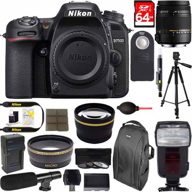 Nikon D7500 20.9MP Digital SLR Camera Body + 18-250mm Macro Lens Microphone Bundle